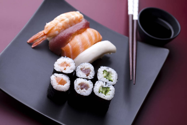 Collection of sushi, oriental cuisine colorful theme - Фото, изображение