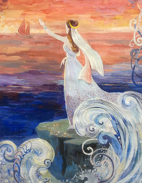 Zeichnung einsames Mädchen blickt in die Ferne des Meeres und träumt - Foto, Bild