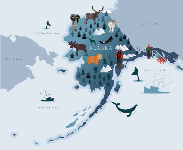 Map of Alaska with animals, eskimos, forests, mountains, hunters, boats, fish and fishermen - Vector, Image