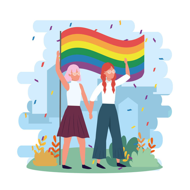 mujeres pareja con bandera de arco iris a la comunidad lgbt
 - Vector, imagen
