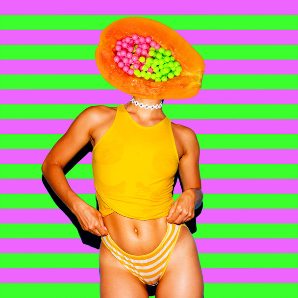 Aesthetic art collage. Papaya Summer Lady Zine culture trend - Фото, изображение