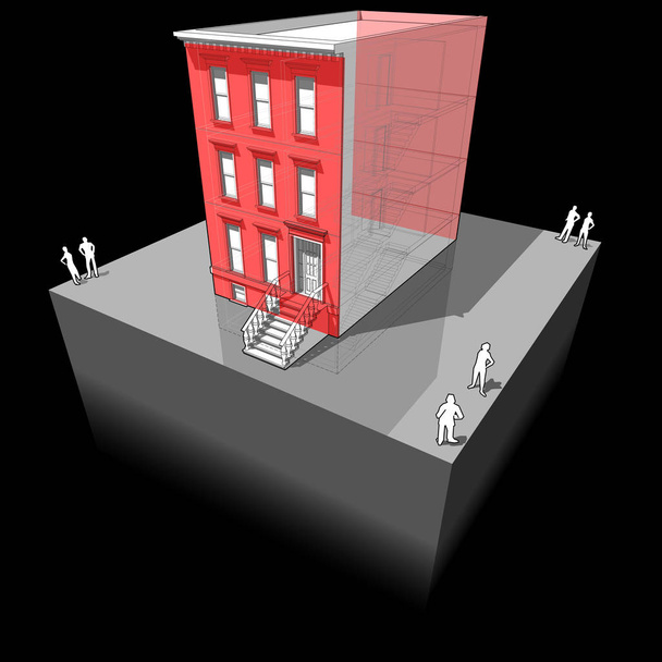 Diagram of a typical american townhouse with additional wall insulation - to improve energy efficiency of the building - Vector, Image