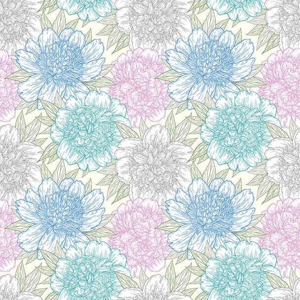 Seamless pattern with peony flowers hand drawn in lines. Graphic doodle sketch floral background. Vector illustration - Διάνυσμα, εικόνα