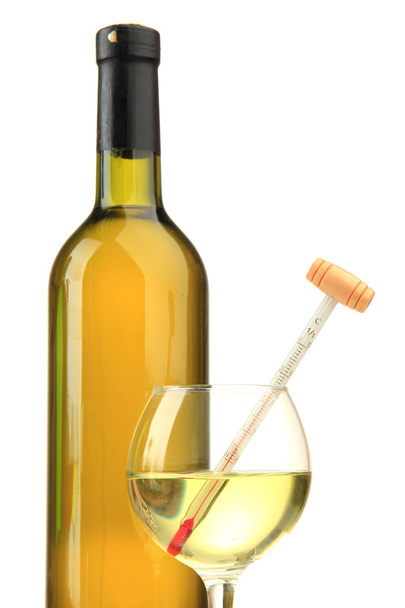 Bottle and glass of wine with thermometer, isolated on white - Photo, image