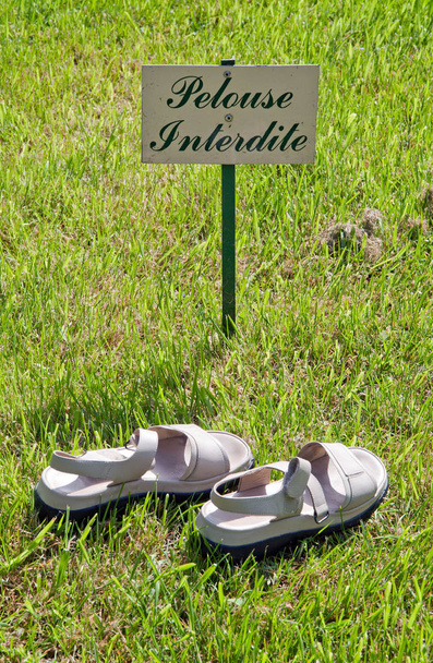 prohibited lawn: pair of shoes on the lawn, a sign of disobedience - Фото, зображення