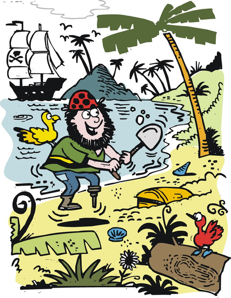 Векторная карикатура пирата, выкапывающего сундук с сокровищами
. - Вектор,изображение