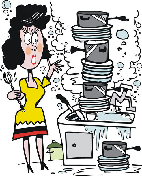 Vector cartoon of overworked housewife washing dishes in sink. - Vector, Image