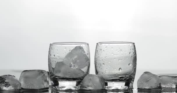 Giet twee shot wodka van een fles in glas. Witte achtergrond - Video