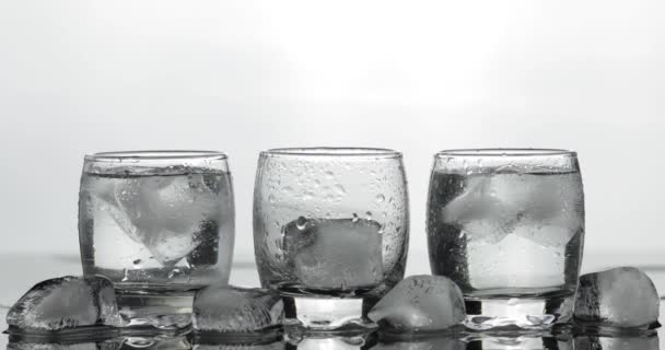 Ömlött fel lövés vodka egy üveg pohárba. Fehér háttér - Felvétel, videó