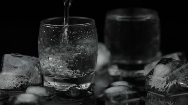 Een shot van wodka van een fles in glas gieten. Zwarte achtergrond - Video