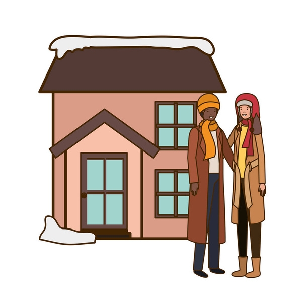 pareja con casa en invierno carácter avatar
 - Vector, Imagen