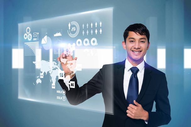 Digital composite of happy businessman touching interface - Foto, immagini