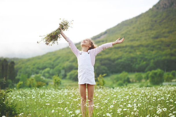 7 years old child having fun in flower field - Photo, Image