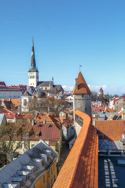 TALLINN, ESTONIA - APRIL 25, 2015 : Close up view of the observation deck of Tallinn Walls in Estonia, ancient stone fortress from medieval time, on blue sky background. - Photo, image