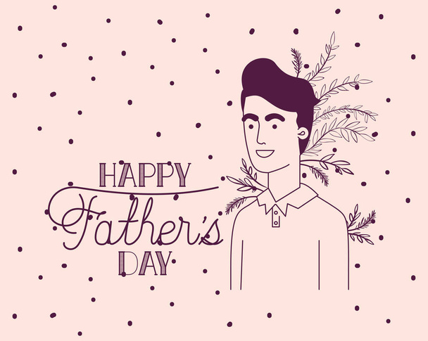 happy fathers day card with dad and leafs plant decoration - Vector, Image