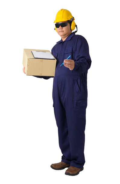 worker in Mechanic Jumpsuit or delivery man carrying parcel and  - Photo, Image