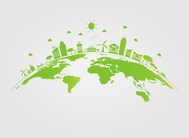 Ecología.Las ciudades verdes ayudan al mundo con ideas conceptuales ecológicas, ilustración vectorial
 - Vector, imagen