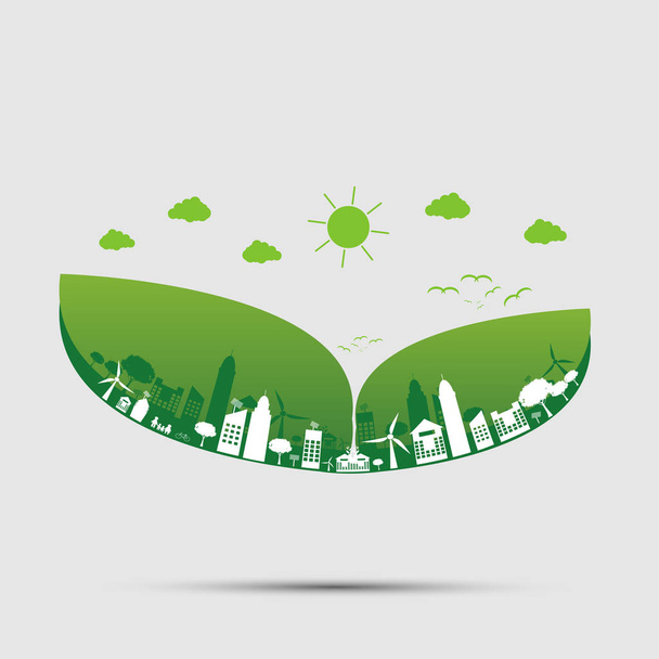 Зеленые города помогают миру облаками с экологически чистыми идеями концепций.
  - Вектор,изображение