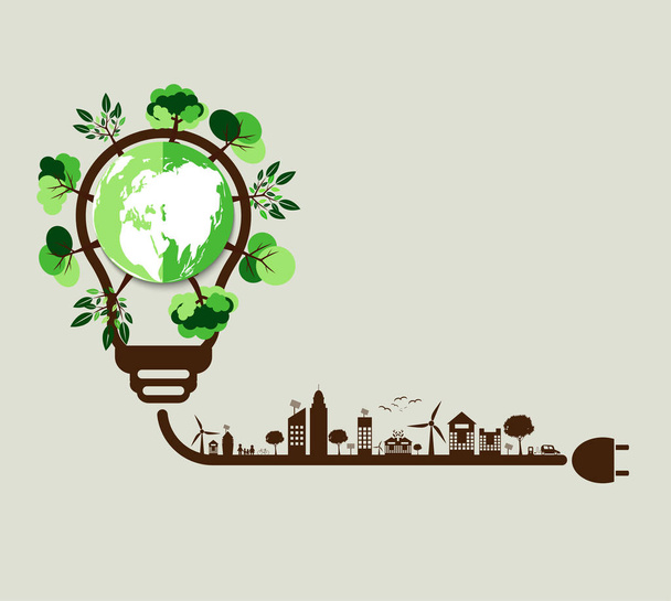 Concepto de ecología, el mundo está en la bombilla de ahorro de energía verde, ilustración vectorial
  - Vector, imagen
