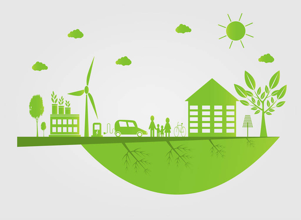 Οικολογία. Οι πράσινες πόλεις βοηθούν τον κόσμο με ιδέες φιλικές προς το οικολογικό. διάνυσμα illustratio - Διάνυσμα, εικόνα