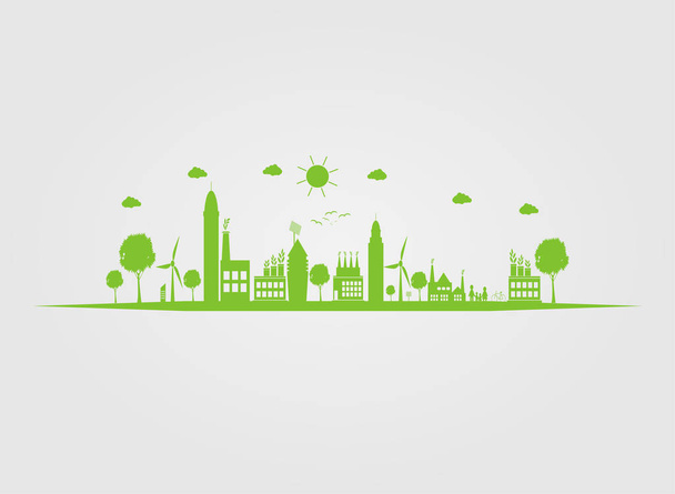 Vihreät kaupungit auttavat maailmaa luomaan ympäristöystävällisiä konseptiideoita. - Vektori, kuva