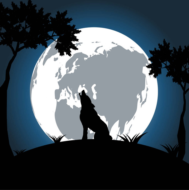 Wolf in der Nacht auf dem Mond ist hell und hell Hintergrund. - Vektor, Bild