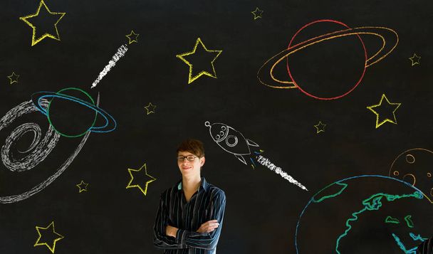 Businessman, student or teacher with chalk space travel blackboard background - Foto, Imagem