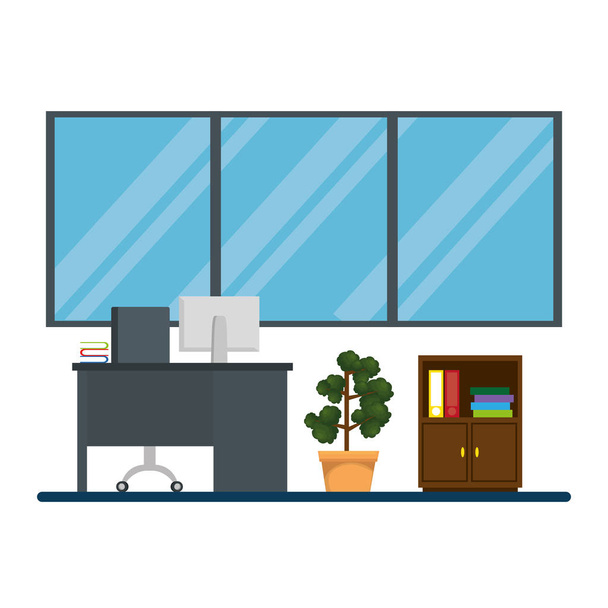 Büro-Arbeitsplatz mit Schreibtisch und Desktop-Szene - Vektor, Bild