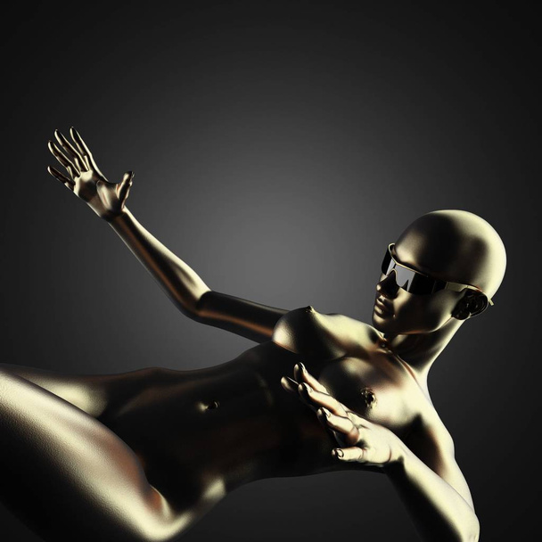 beautiful golden female statuette on dark background   - 写真・画像