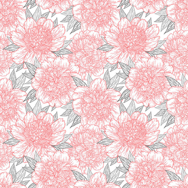 Seamless pattern with peony flowers hand drawn in lines. Graphic doodle sketch floral background. Vector illustration - Διάνυσμα, εικόνα