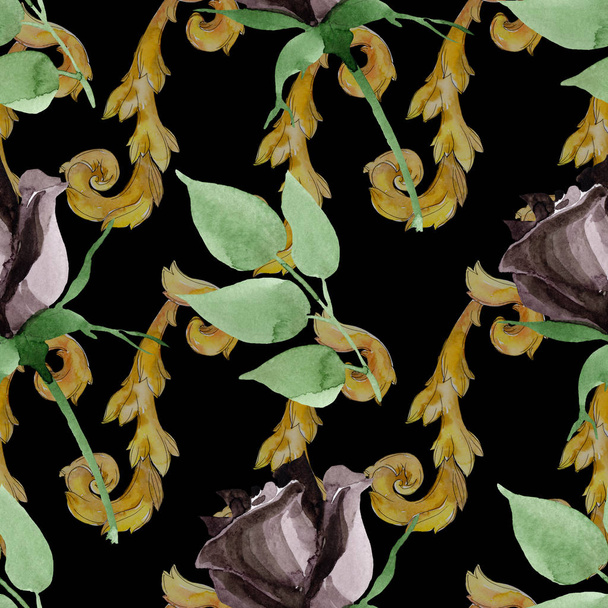 Black rose floral botanical flowers. Watercolor background illustration set. Seamless background pattern. - Φωτογραφία, εικόνα