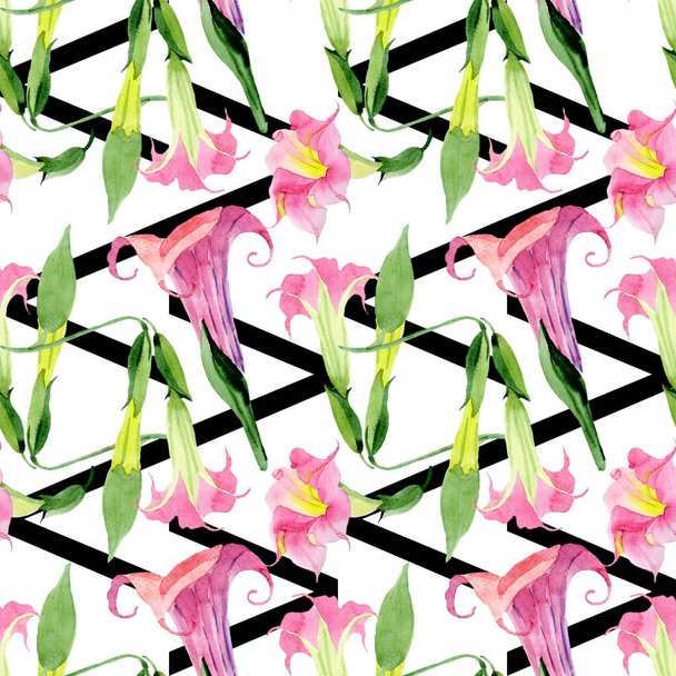 Pembe Brugmansia Floral botanik çiçekleri. Suluboya arka plan illüstrasyon seti. Kesintisiz arka plan deseni. - Fotoğraf, Görsel