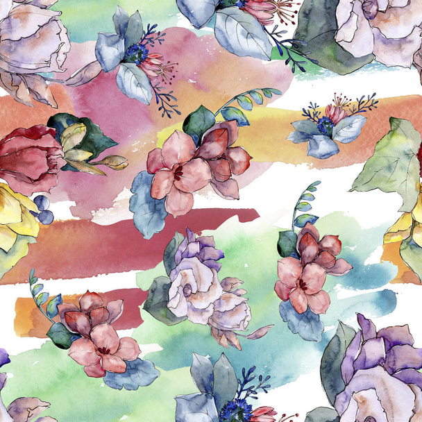 Bouquet floral botanical flowers. Watercolor background illustration set. Seamless background pattern. - Fotoğraf, Görsel