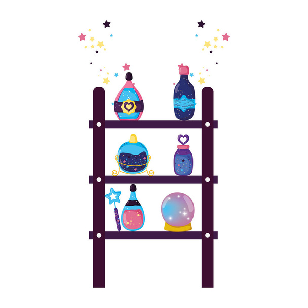 shelving with magic potion bottles - Vector, Image