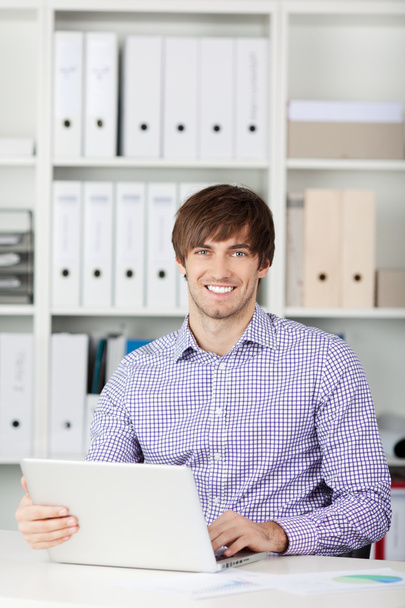 Smiling Businessman Using Laptop In Office - Photo, Image