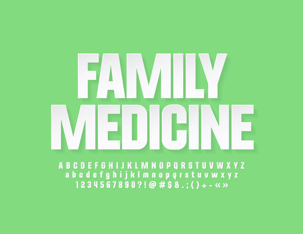 Векторна сучасна емблема сімейної медицини. Білий стильний шрифт. Набір літер алфавіту, цифр і символів - Вектор, зображення