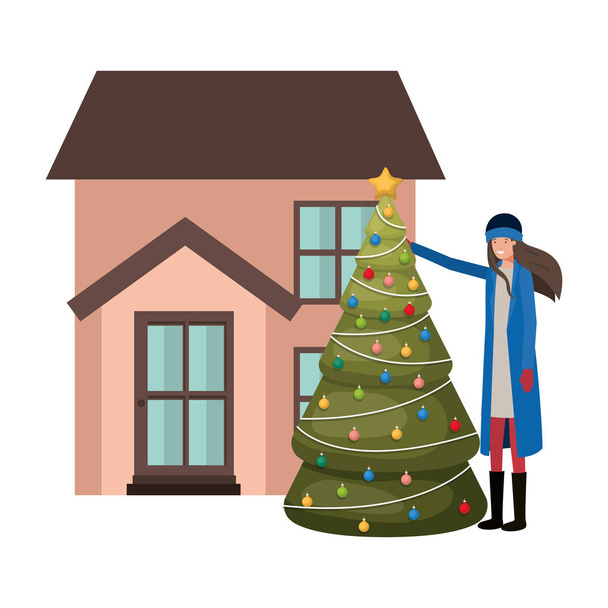 nő karácsonyfa a ház előtt - Vektor, kép
