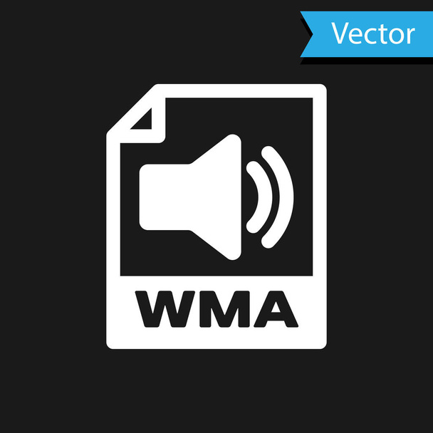 Λευκό εικονίδιο εγγράφου WMA. Κατεβάστε το εικονίδιο wma κουμπί απομονώνονται σε μαύρο φόντο. Σύμβολο αρχείου WMA. Πινακίδα μουσικής WMA. Εικονογράφηση διανύσματος - Διάνυσμα, εικόνα