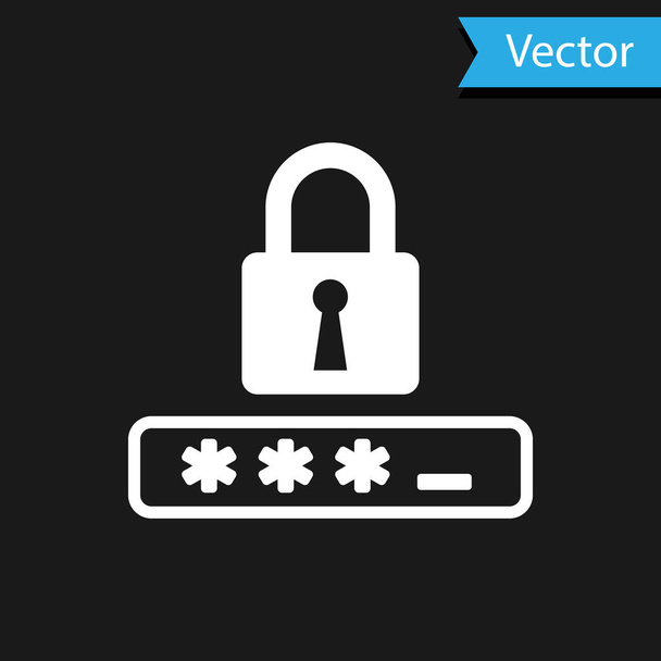 Wit pictogram Wachtwoordbeveiliging en veiligheidstoegang geïsoleerd op zwarte achtergrond. Vergrendel icoon. Beveiliging, veiligheid, bescherming, privacy concept. Vector Illustratie - Vector, afbeelding