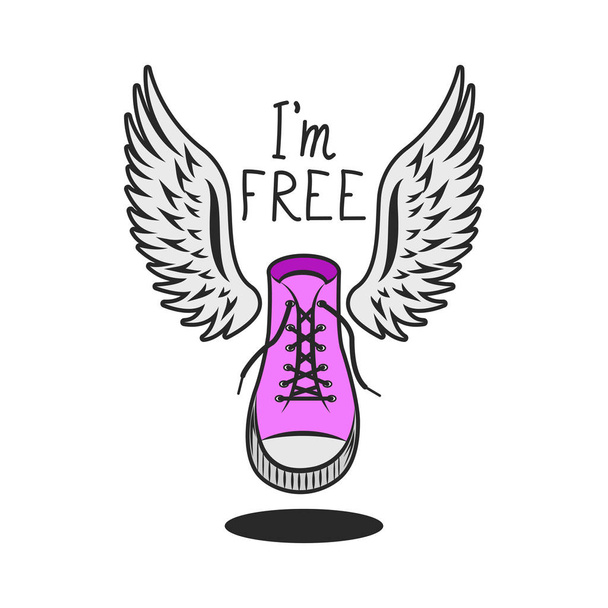 Różowe buty ze skrzydłami i ręcznie napisanym hasłem jestem wolny, modny Młodzieżowy wydruk na t-shirt dla dziewczynki - Wektor, obraz