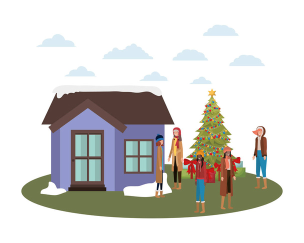 mujeres con árbol de Navidad fuera de la casa
 - Vector, Imagen