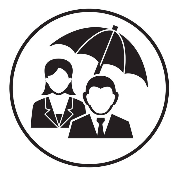 ikona znak ubezpieczenia biznesowego z mężczyzną i kobietą pod parasolem - Wektor, obraz