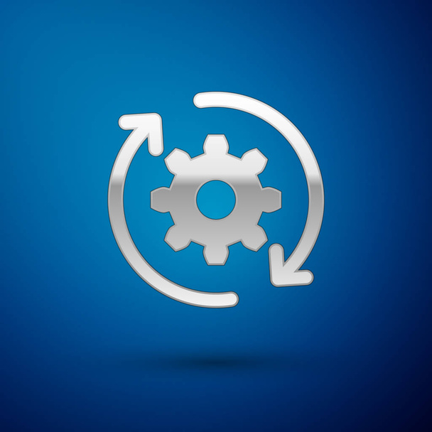 Silver Gear and arrows as workflow concept icon isolated on blue background. Gear reload sign. Vector Illustration - ベクター画像
