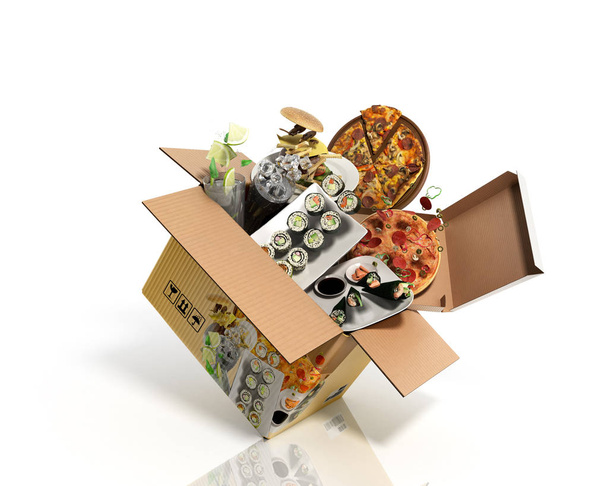 製品カテゴリの概念 食品は箱から飛び出す 3D レンダリング  - 写真・画像