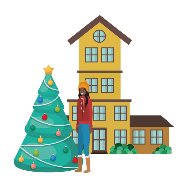 mujer con árbol de Navidad fuera de la casa
 - Vector, imagen