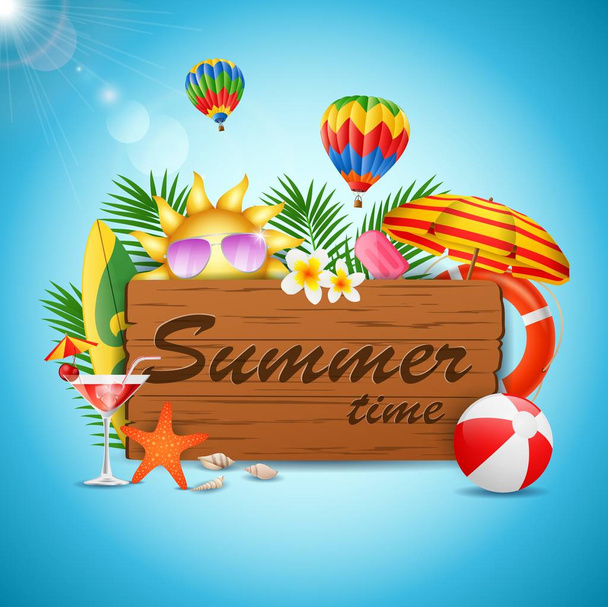 夏の時間休日は、ヴィンテージの木製の背景にタイポグラフィイラスト。ベクトルイラストレーション - ベクター画像