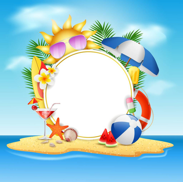 Nyári vektoros banner tervezési koncepció Beach-sziget, a szépség kék ég háttér. Vektoros illusztráció - Vektor, kép