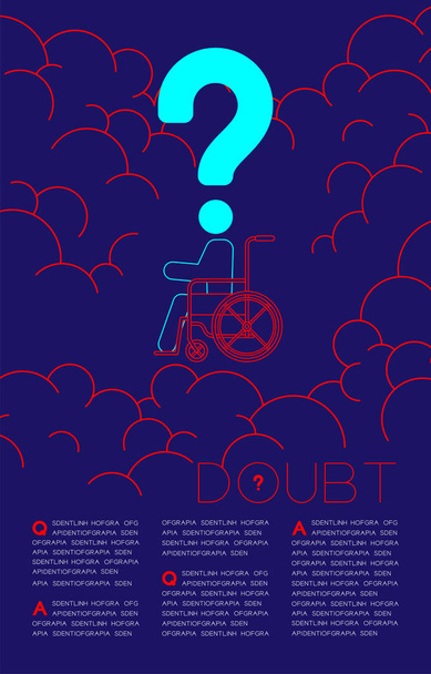 Twijfel gehandicapte man met vraagteken pictogram blauw en rood, sociale kwesties: verontreiniging PM 2,5 concept sjabloon layout ontwerp illustratie geïsoleerd op donker blauwe achtergrond, met Kopieer ruimte - Vector, afbeelding