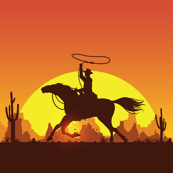 Silhouette of a cowboy riding horse at sunset, vector - Vector, Image