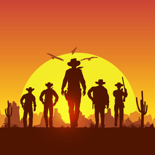 Silhouette of five cowboys walking forward - Vector, Image